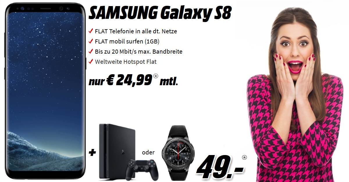 Galaxy S8 mit Playstation 4 oder Galaxy Gear S3 und 1 GB Allnet-Flat Handytarif im besten D-Netz