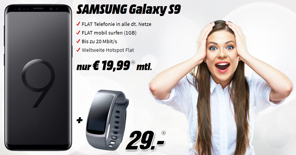 Samsung Galaxy S9 Handyvertrag mit Gear Fit 2 und 1 GB Allnet-Flat im besten D-Netz