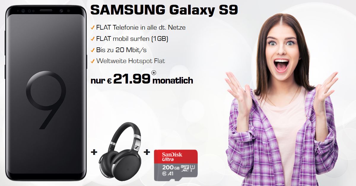 Galaxy S9 Handyvertrag mit Sennheiser HD 4.50, Speicherkarte und Allnet-Flat