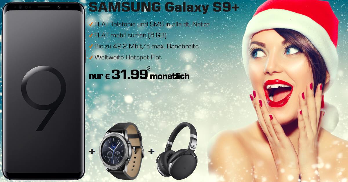 Galaxy S9 Plus Weekend-Deal inkl. Gear S3 Frontier, Sennheiser HD 4.50 und 8 GB Allnet-Flat im besten D-Netz