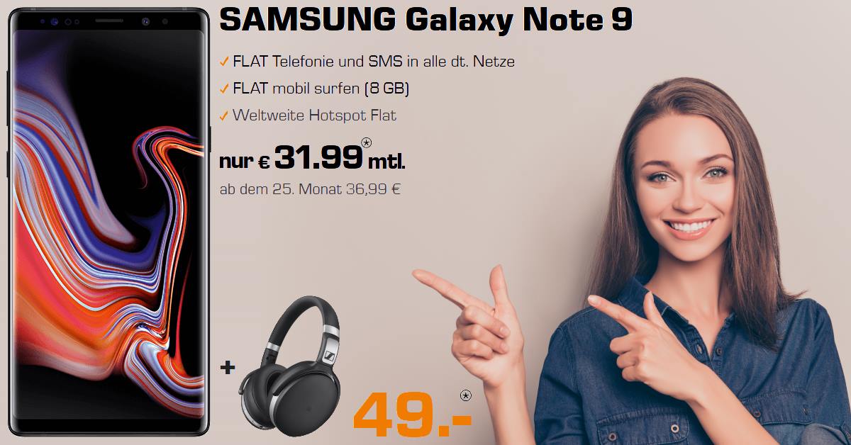 Galaxy Note 9 inkl. Sennheiser HD 4.50 und 8 GB Allnet-Flat