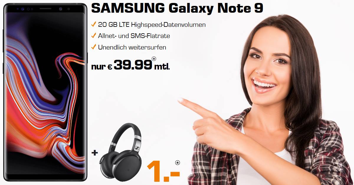 Handytarifvergleich - Galaxy Note 9 mit Sennheiser HD 4.50 und 20 GB LTE Allnet-Flat