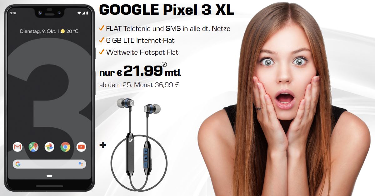 Handy Tarifvergleich - Google Pixel 3 XL inkl. Sennheiser CX 6 und 6 GB LTE Allnet-Flat