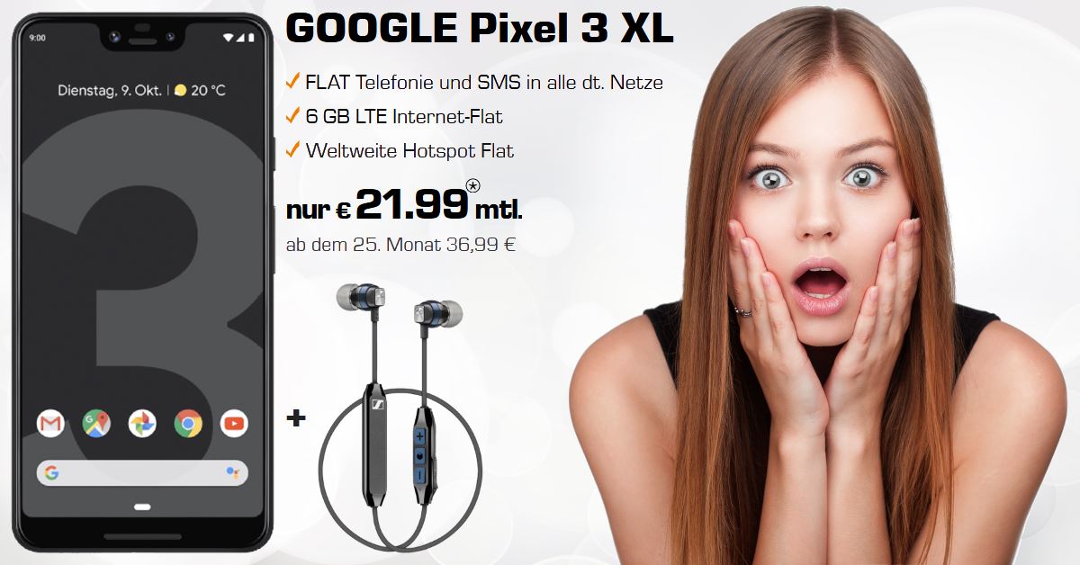 Handy Tarifvergleich - Google Pixel 3 XL inklusive Sennheiser CX 6 und 6 GB LTE Allnet-Flat