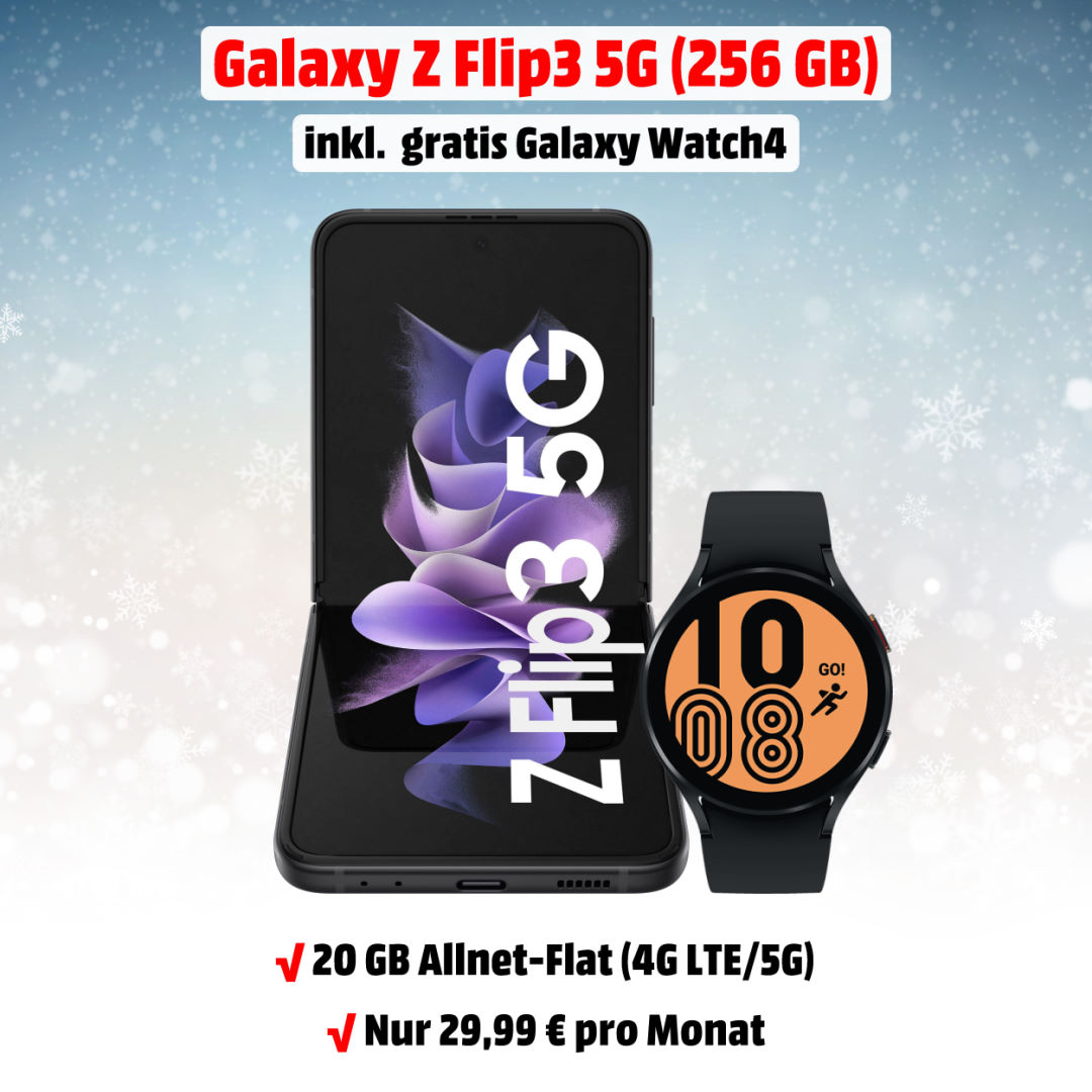 Galaxy Z Flip3 5G (256 GB) Handyvertrag inkl. Galaxy Watch4 und 20 GB LTE Allnet-Flat