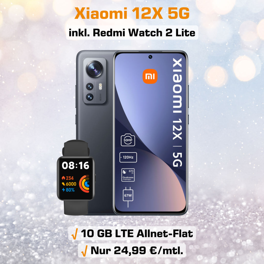 Xiaomi X12 5G inkl. Redmi Watch 2 Lite und 10 GB LTE Allnet-Flat zum Bestpreis