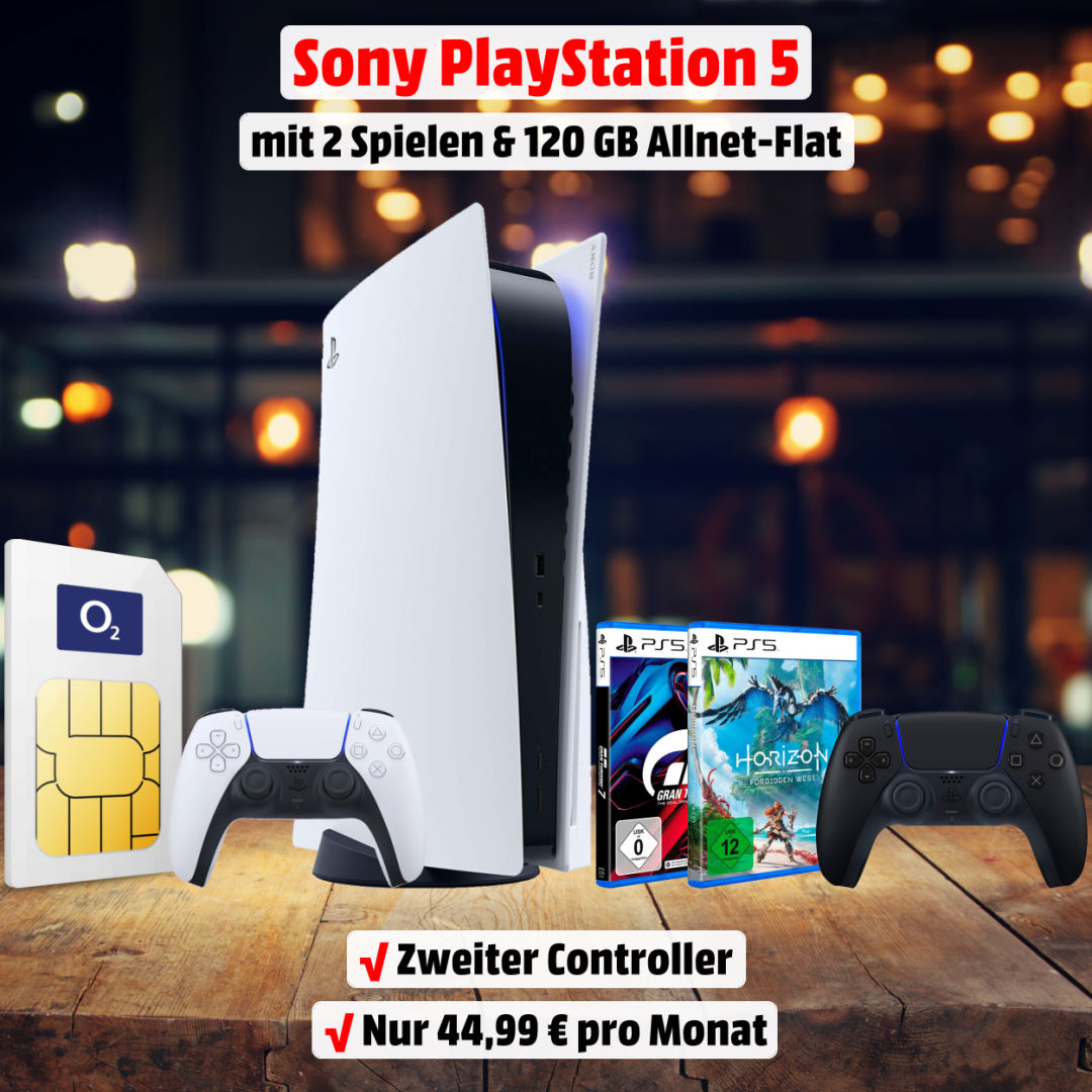 Playstation 5 Disc Edition mit 2 Spielen, zweitem Controller und 120 GB 5G-LTE Allnet-Flat zum Bestpreis