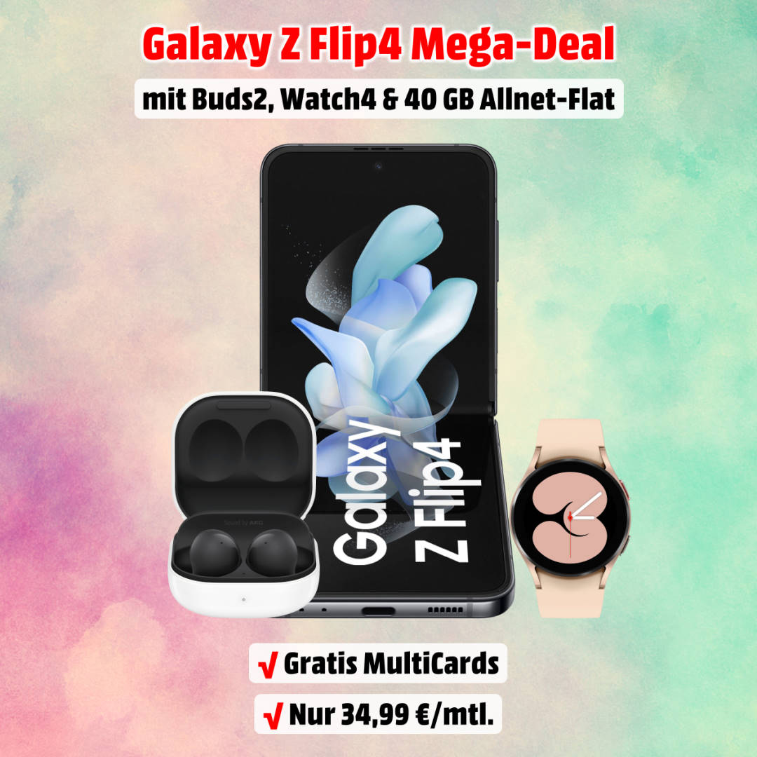 Galaxy Z Flip4 inkl. Galaxy Buds2, Watch4 und 40 GB Allnet-Flat zum Mega-Tiefpreis
