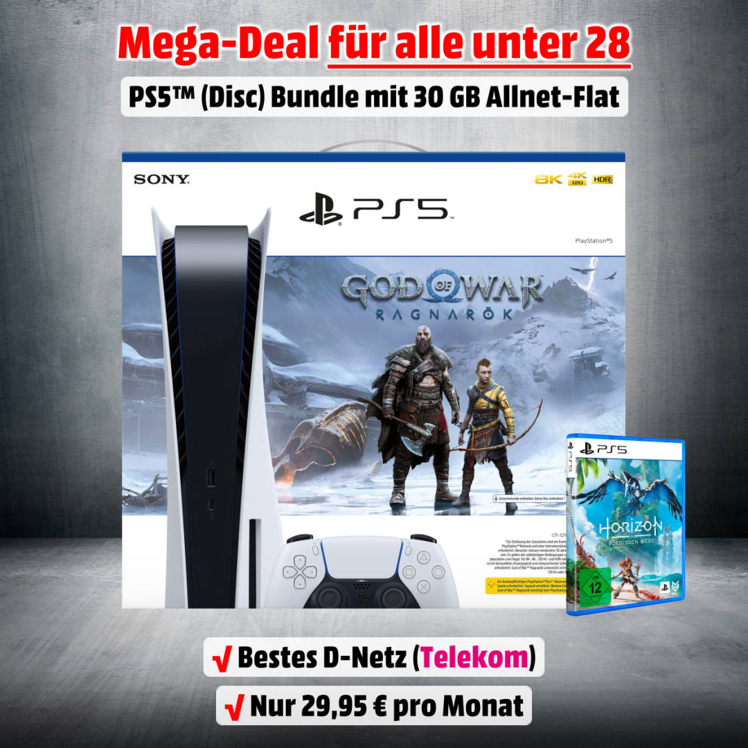 Playstation 5 Ragnarök-Bundle inkl. Horizon Forbidden West und 30 GB Allnet-Flat U28 im besten D-Netz zum Bestpreis