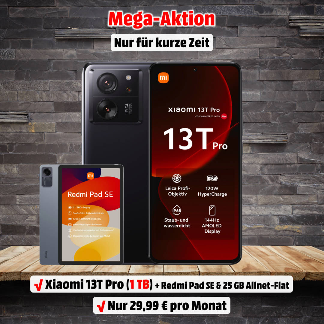 Xiaomi 13T Pro mit Vertrag und gratis Xiaomi Redmi Pad SE