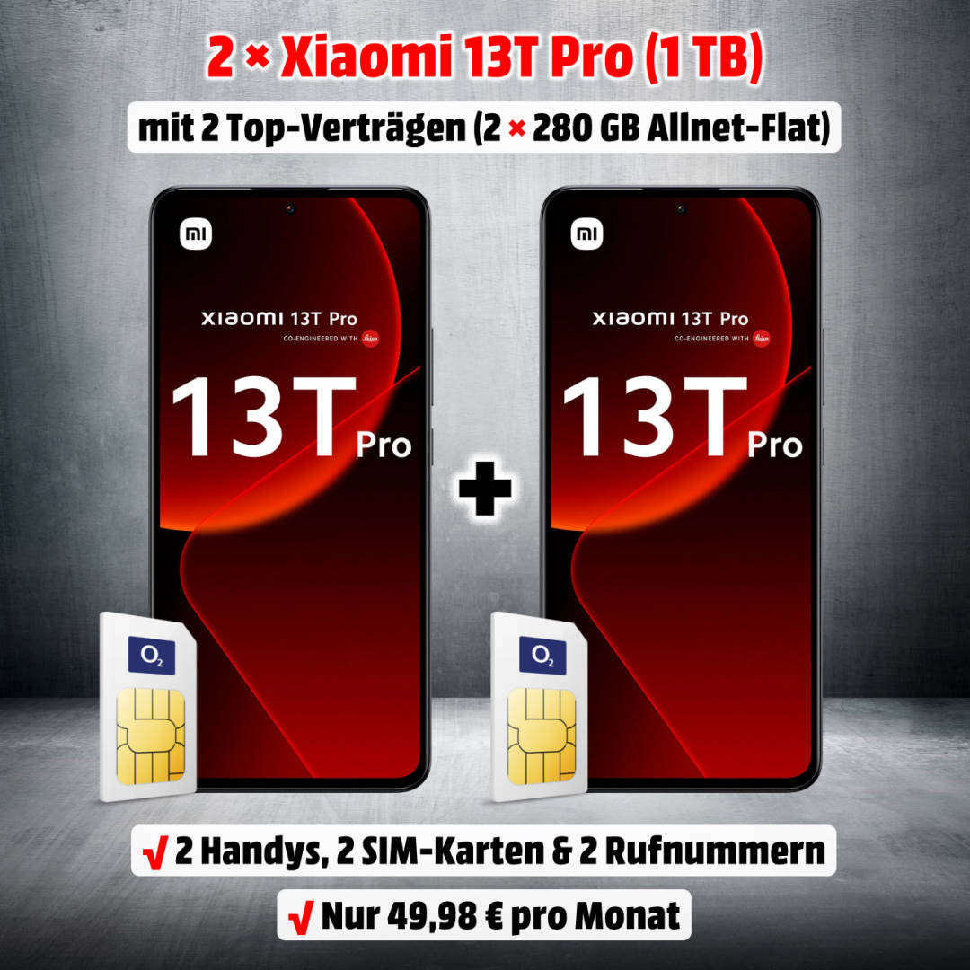 2x Xiaomi 13T Pro (1 TB) mit Vertrag Doppelkartenaktion inkl. 2x 280 GB Allnet-Flat