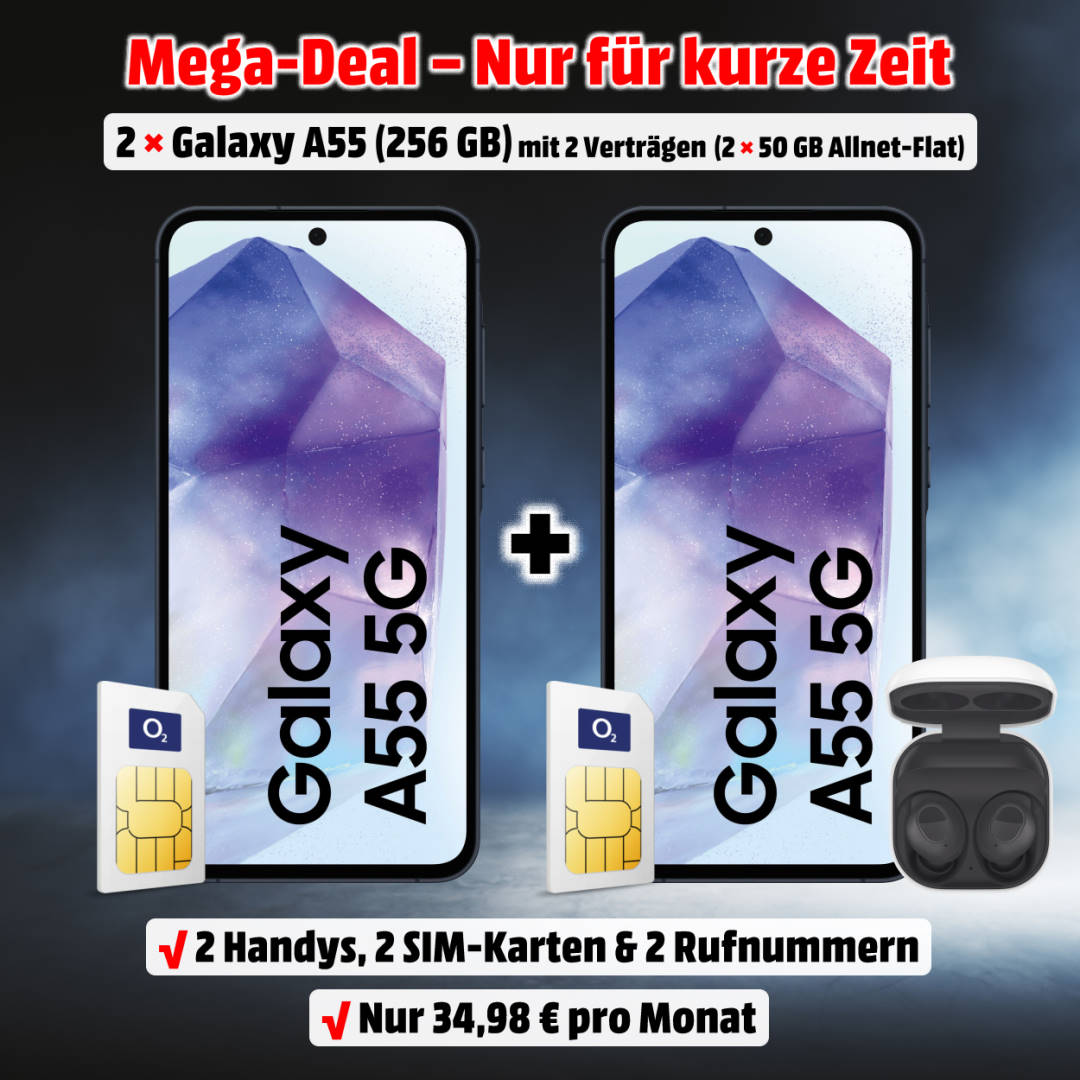 2x Samsung Galaxy A55 5G mit Vertrag im Doppelpack mit Galaxy Buds FE - Doppelkartenaktion