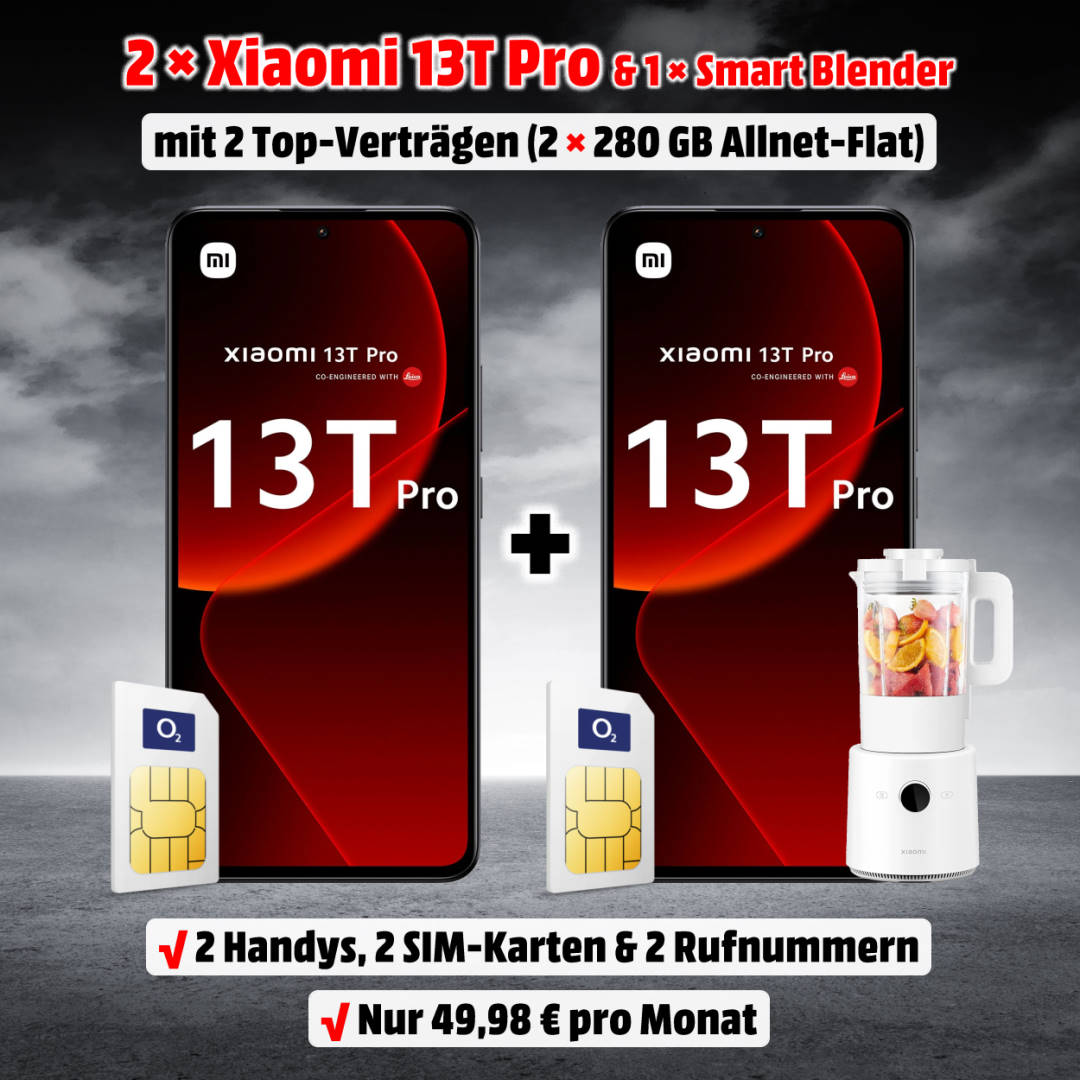 2x Xiaomi 13T Pro mit Vertrag Doppelkartenaktion inkl. 2x 280 GB Allnet-Flat und Xiaomi Smart Blender