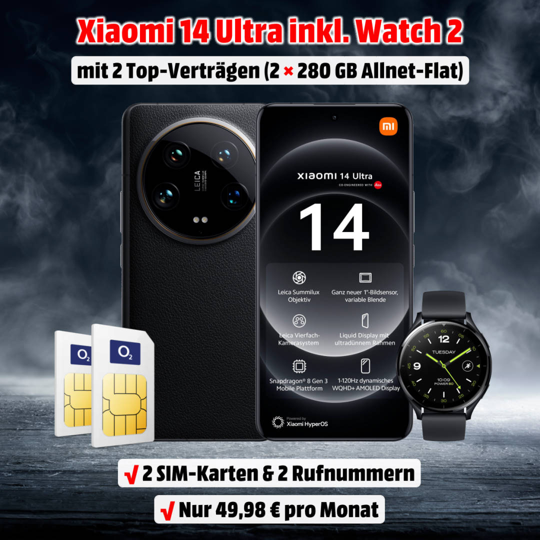 Xiaomi 14 Ultra mit Vertrag Doppelkartenaktion 2 Verträgen und Xiaomi Watch 2