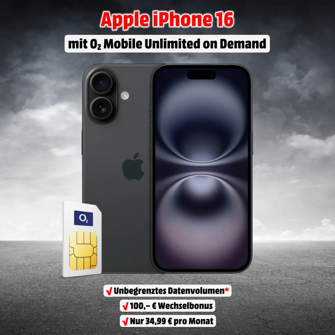 Apple iPhone 16 mit Vertrag und Unlimited-Flat on Demand im Netz von o2