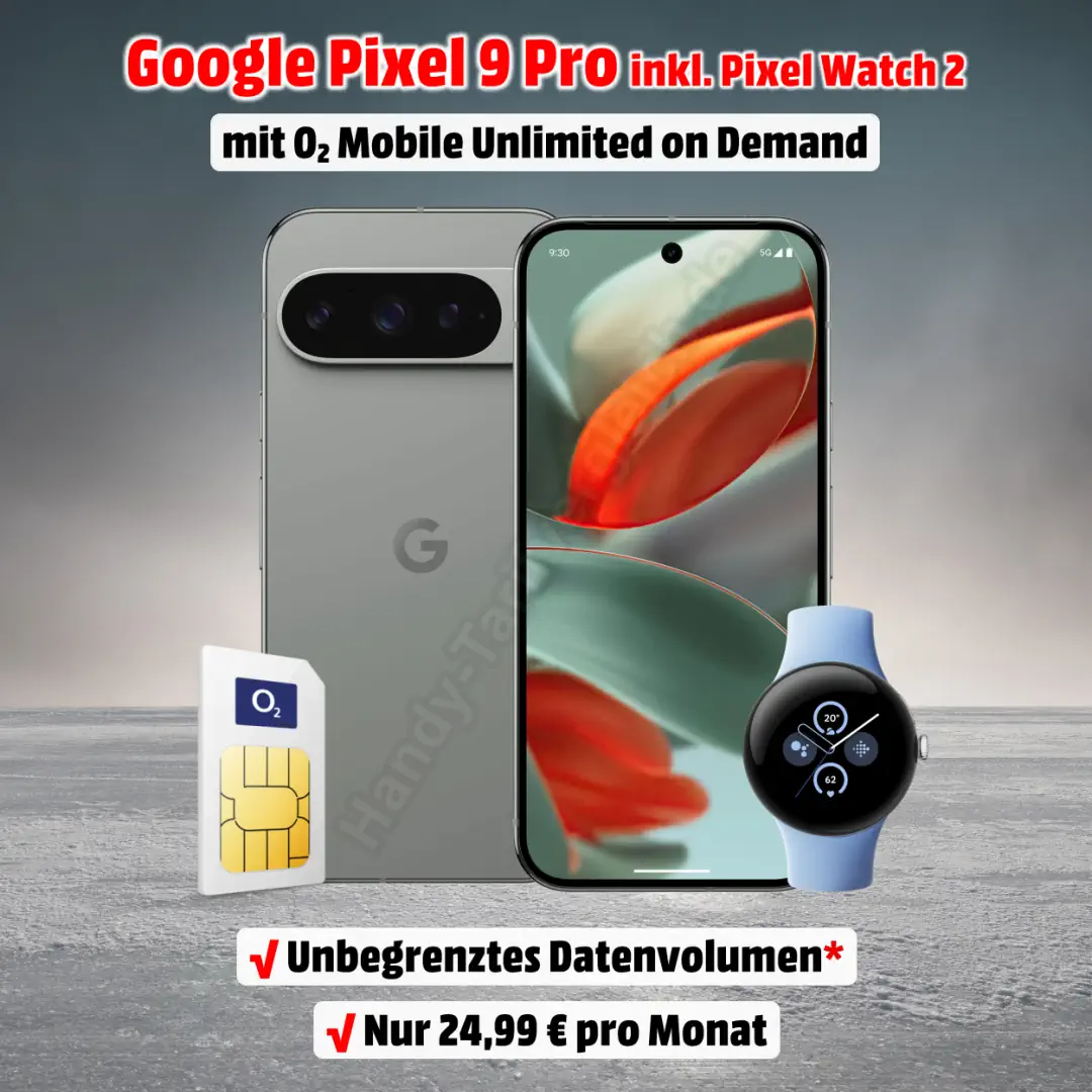 Google Pixel 9 Pro mit Vertrag inkl. Pixel Watch 2 LTE und Unlimited-Flat on Demand im Netz von o2