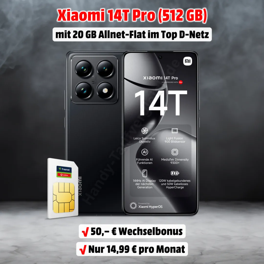 Xiaomi 14T Pro mit Vertrag inkl. 20 GB Allnet-Flat im Top D-Netz von Vodafone