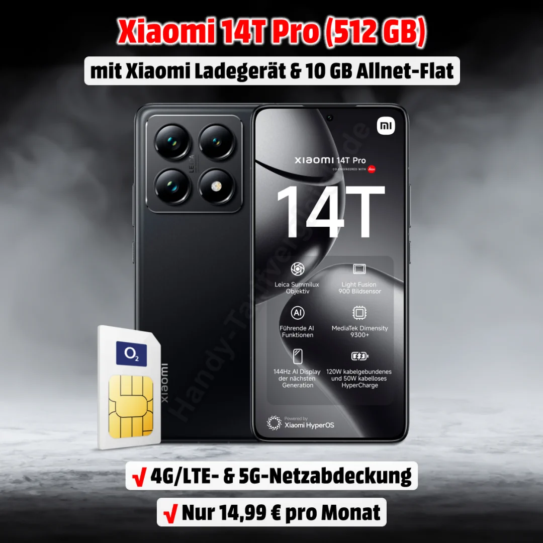 Xiaomi 14T Pro mit Vertrag inkl. Xiaomi 120W HyperCharge und 10 GB Allnet-Flat im o2-Netz