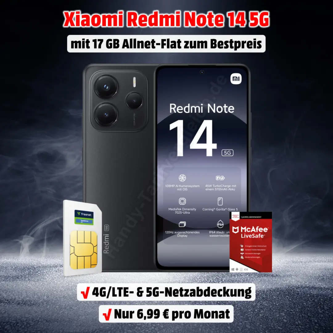 Xiaomi Redmi Note 14 5G mit Vertrag inkl. McAfee LiveSafe Jahresabo und 17 GB Allnet-Flat im o2-Netz