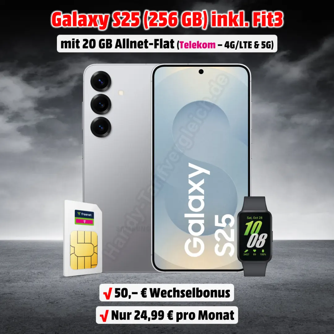 Samsung Galaxy S25 (256 GB) inkl. Galaxy Fit3 und 20 GB Allnet-Flat im besten D-Netz der Telekom
