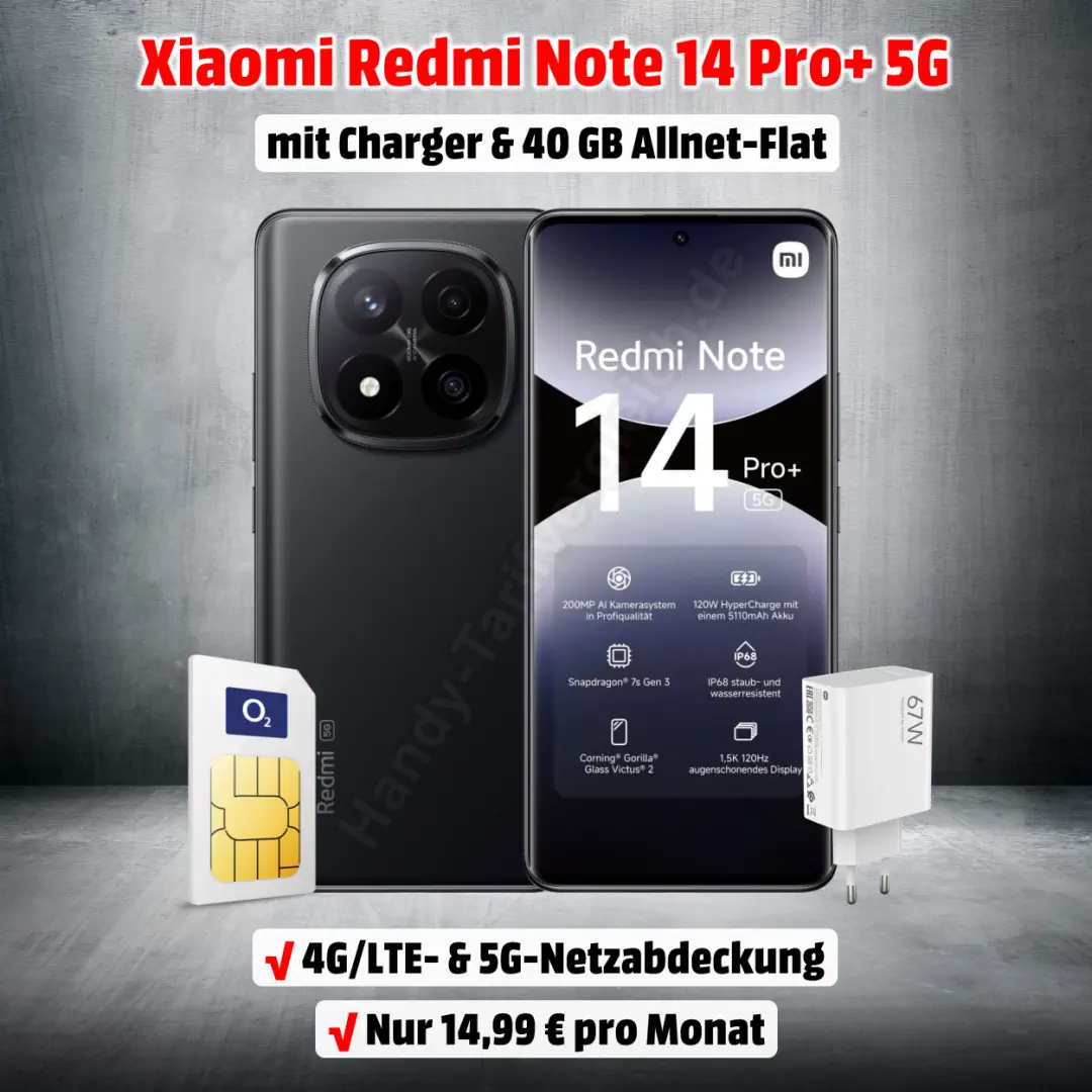 Xiaomi Redmi Note 14 Pro+ 5G mit Vertrag und gratis Charger zum Top-Preis
