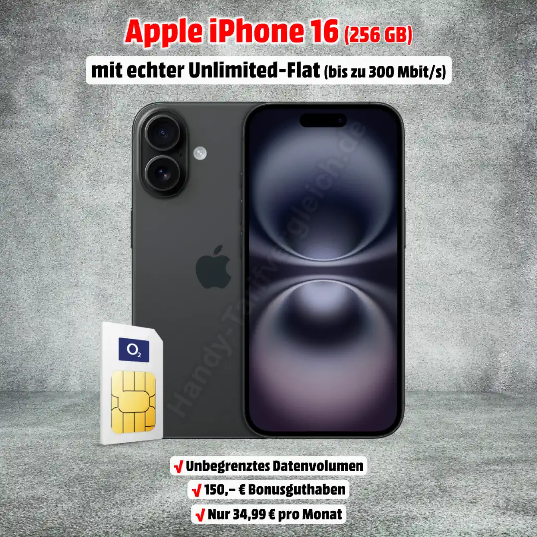 Apple iPhone 16 (256 GB) mit Vertrag inkl. gratis Apple USB-C Ladeadapter und echter Unlimited-Flat