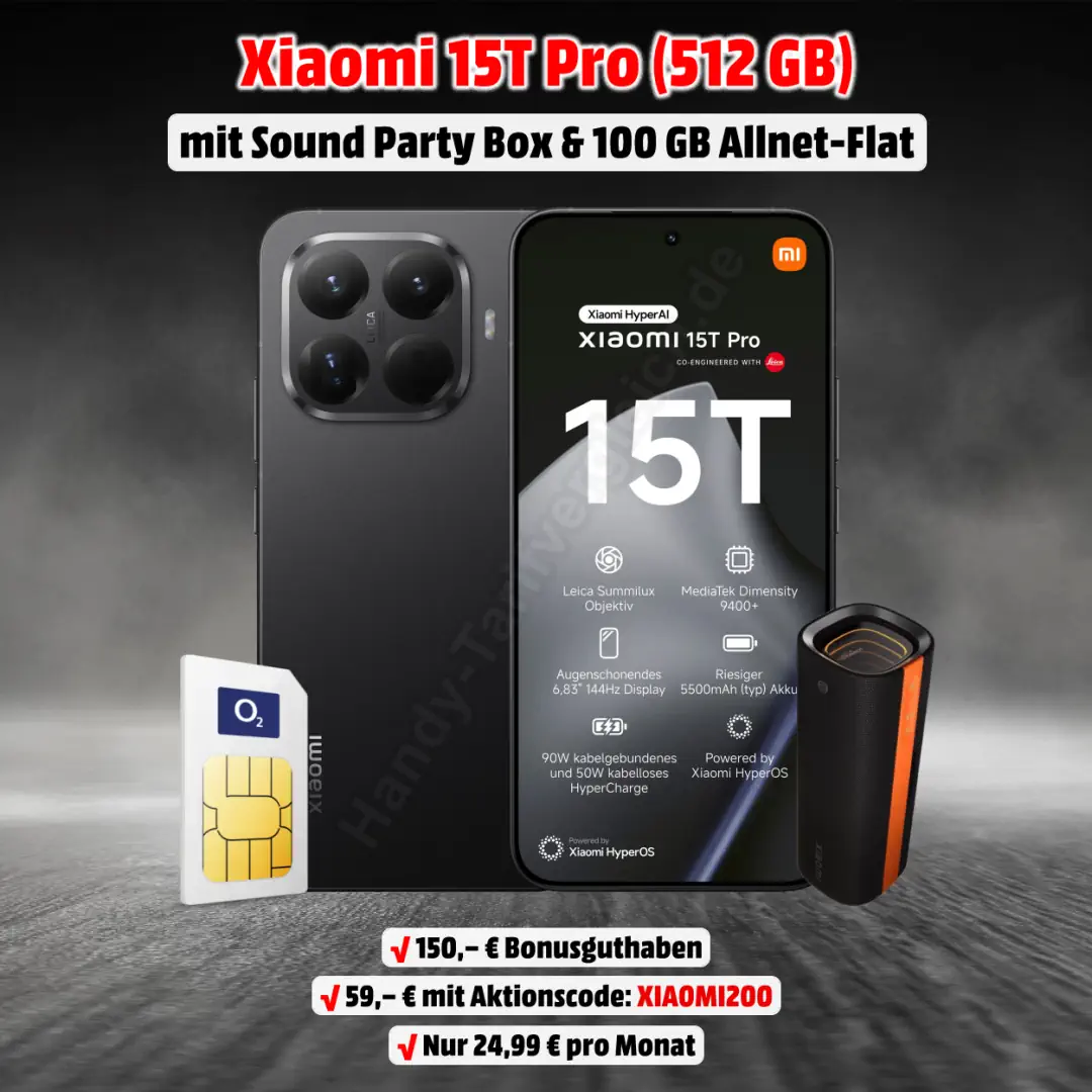 Xiaomi 15T Pro mit Vertrag und Xiaomi Sound Party Box inkl. 100 GB Allnet-Flat im o2-Netz