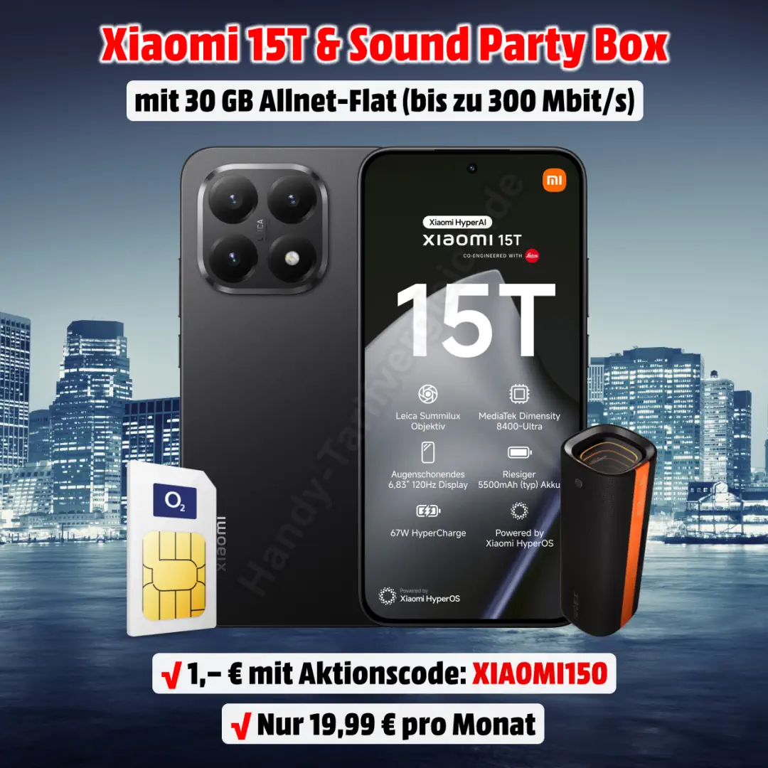 Xiaomi 15T mit Vertrag und Xiaomi Sound Party Box inkl. 30 GB Allnet-Flat im o2-Netz