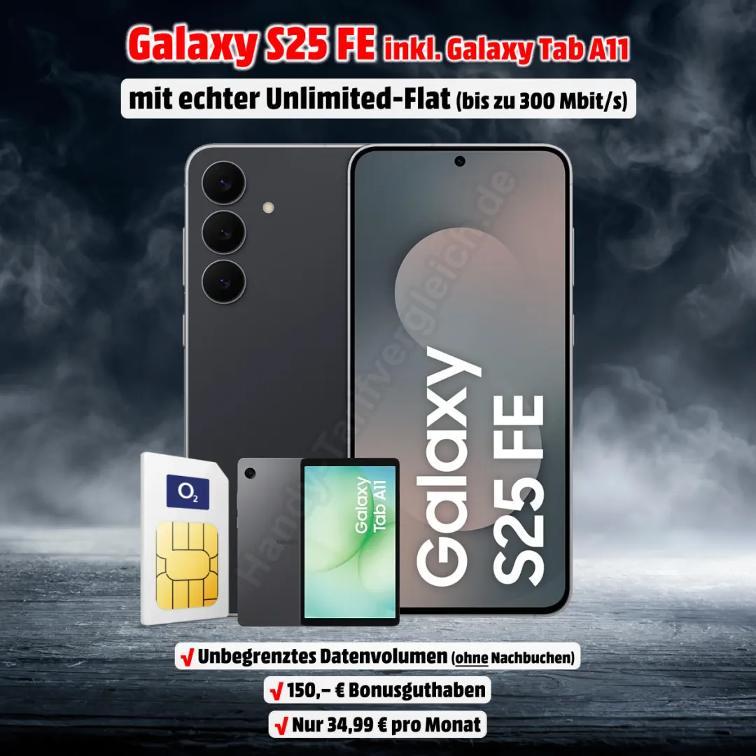 Samsung Galaxy S25 FE (256 GB) mit Vertrag und inkl. Galaxy Tab A11 sowie echter Unlimited-Flat im Netz von o2