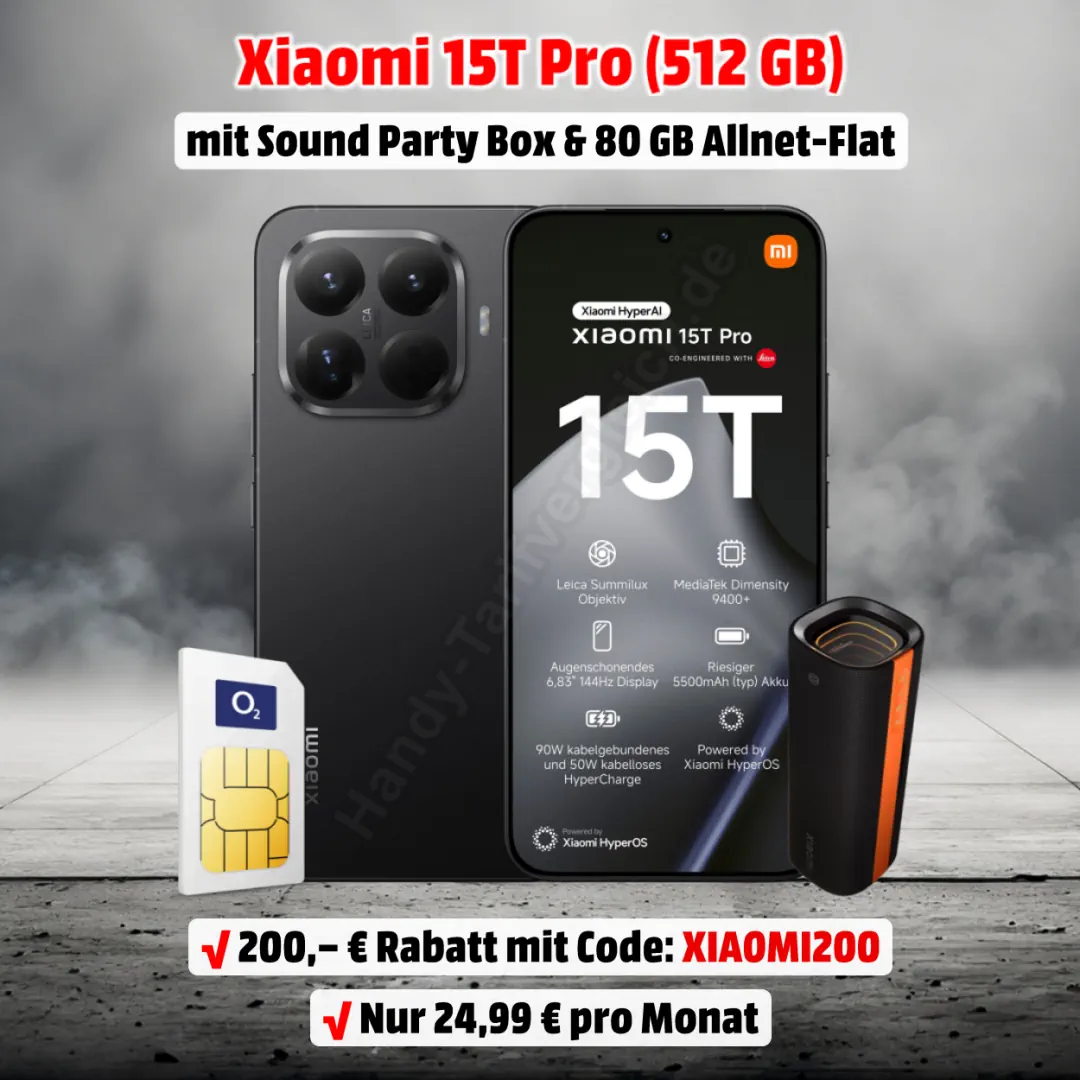 Xiaomi 15T Pro mit Vertrag und Xiaomi Sound Party Box inkl. 80 GB Allnet-Flat im o2-Netz