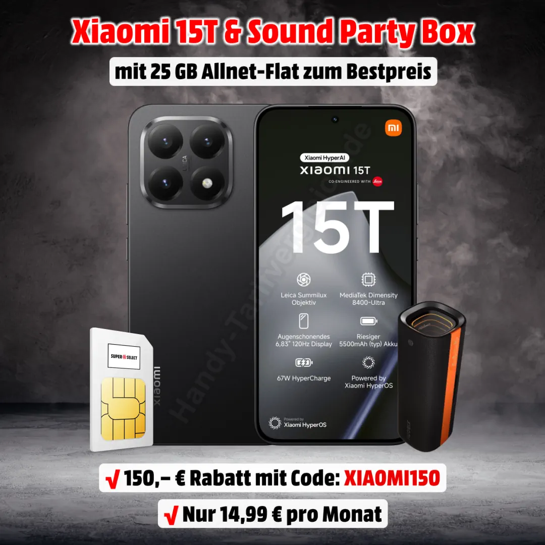 Xiaomi 15T mit Vertrag und Xiaomi Sound Party Box inkl. 25 GB Allnet-Flat im o2-Netz