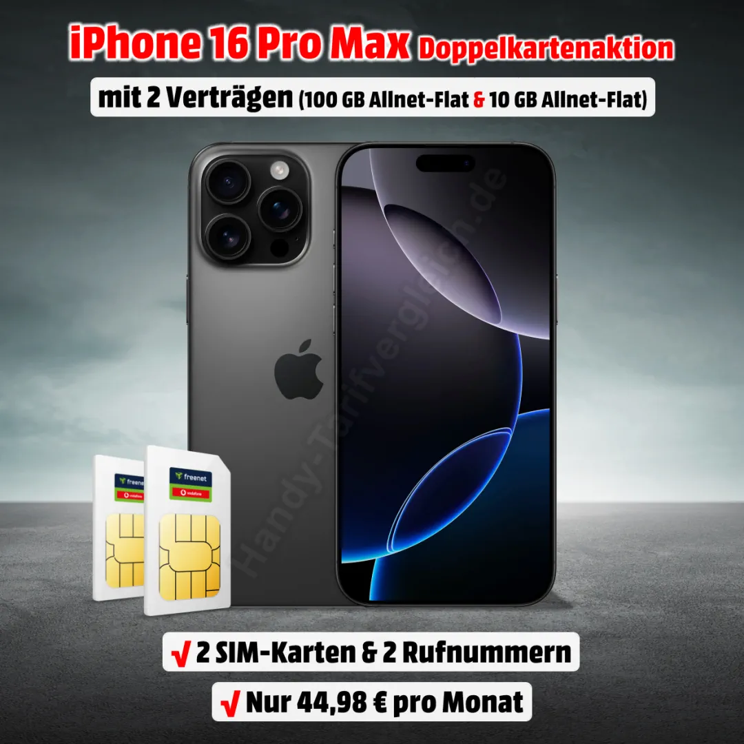 Apple iPhone 16 Pro Max mit Vertrag - Doppelkartenaktion mit 1 x 100 GB- & 1 x 10 GB Allnet-Flat im D-Netz von Vodafone