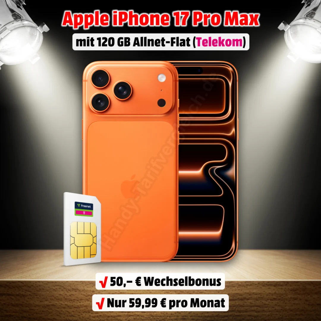Apple iPhone 17 Pro Max mit Vertrag inkl. 120 GB Allnet-Flat im besten D-Netz der Telekom