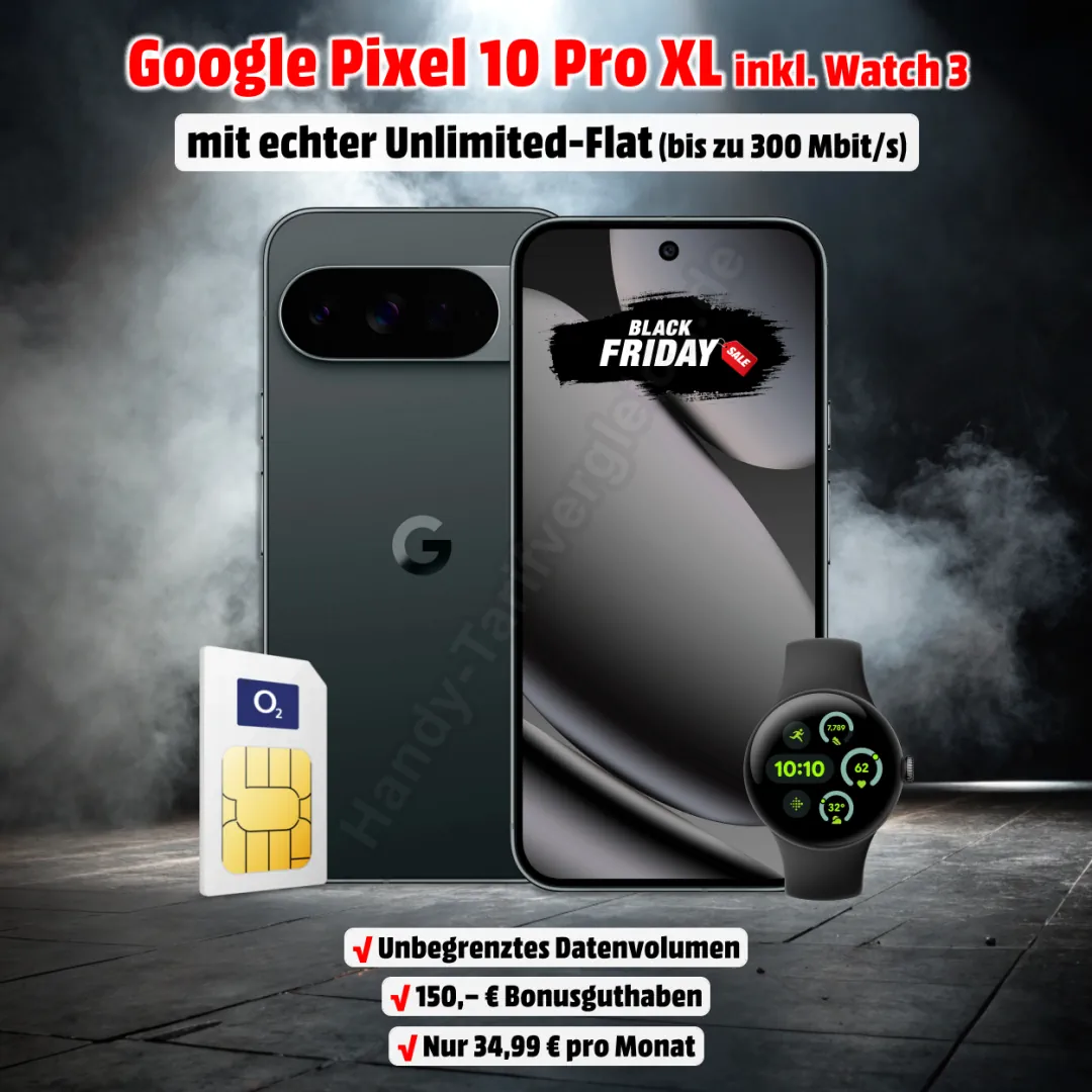 Google Pixel 10 Pro XL mit Vertrag, gratis Pixel Watch 3 und echter Unlimited-Flat im Netz von o2