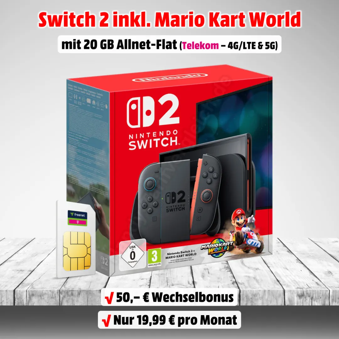Nintendo Switch 2 inkl. Mario Kart World mit Vertrag und 20 GB Allnet-Flat im besten D-Netz der Telekom