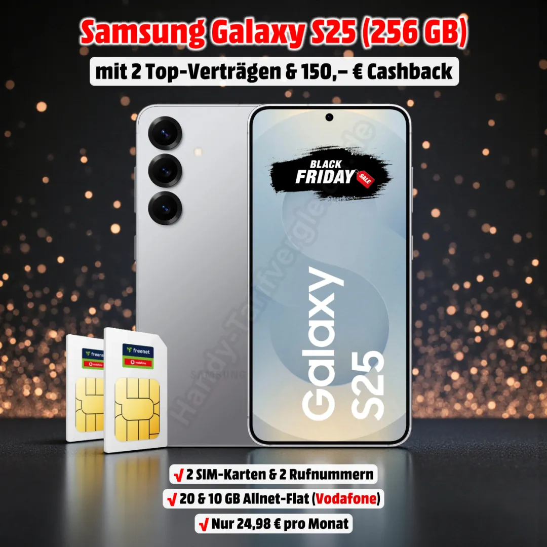 Samsung Galaxy S25 (256 GB) mit zwei Verträgen im D-Netz von Vodafone und 150 Euro Cashback