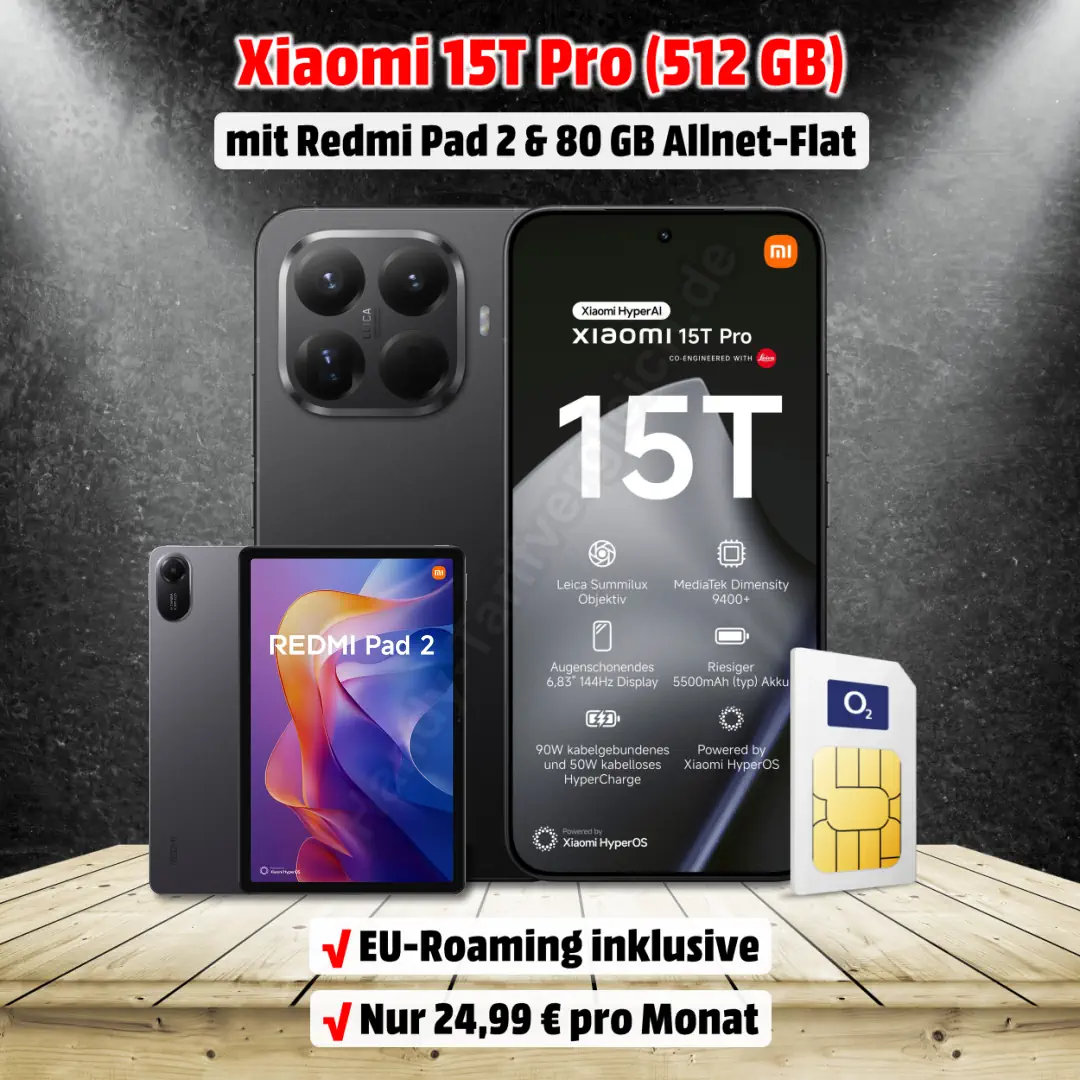 Xiaomi 15T Pro mit Vertrag und gratis Xiaomi Redmi Pad 2 inkl. 80 GB Allnet-Flat im Netz von o2
