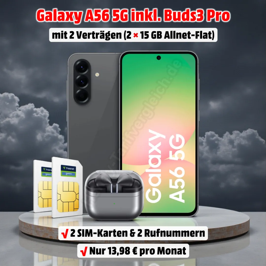 Samsung Galaxy A56 5G (256 GB) mit 2 Verträgen im Netz von o2 und gratis Galaxy Buds3 Pro