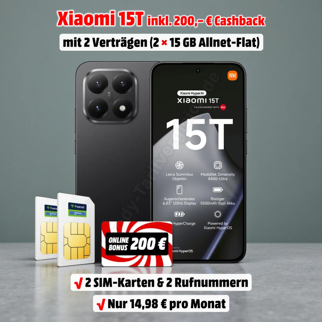 Xiaomi 15T mit 2 Top-Verträgen und 200 Euro Cashback zum absoluten Tiefstpreis