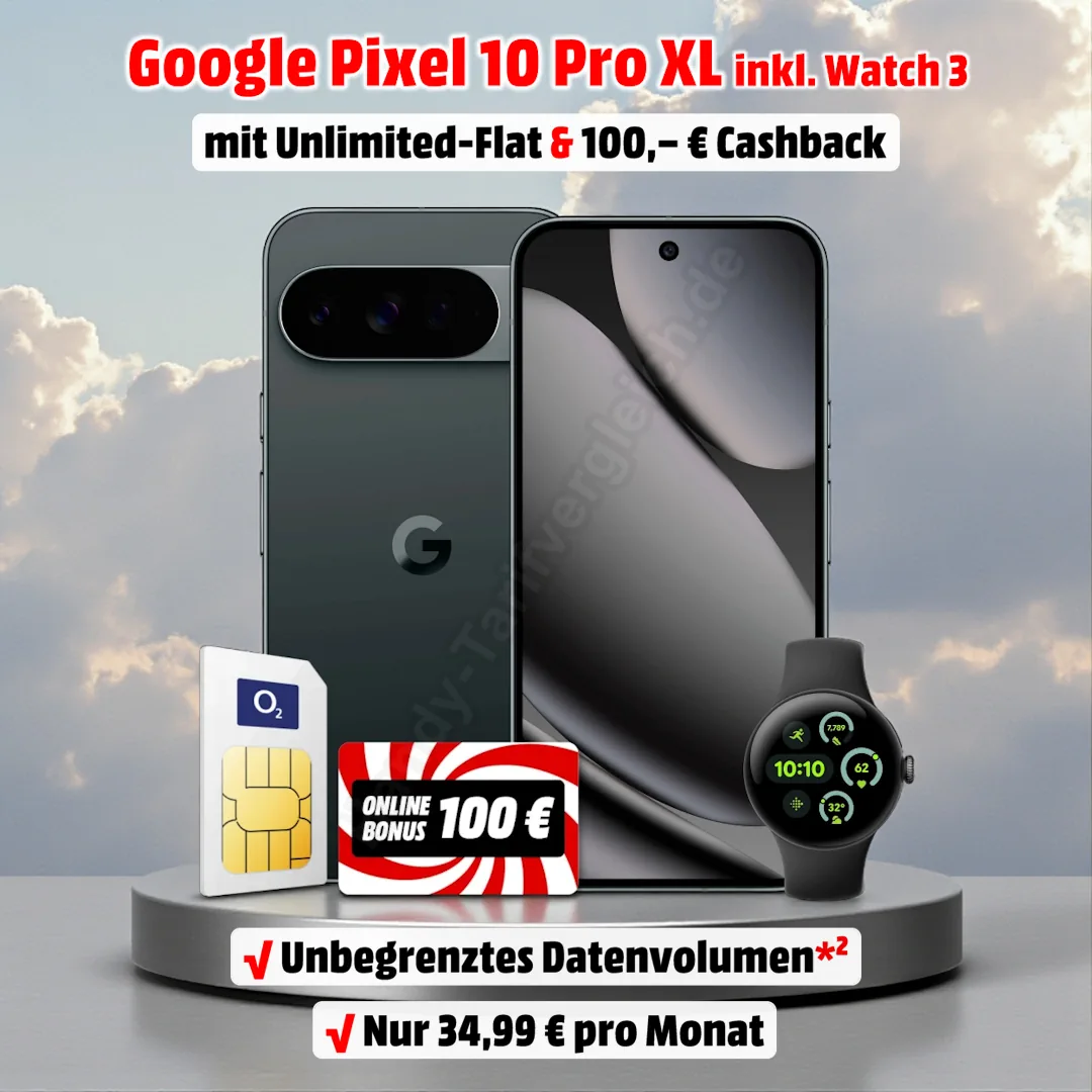 Google Pixel 10 Pro XL mit Vertrag, gratis Pixel Watch 3 und 100 Euro Cashback inkl. Unlimited-Flat on Demand
