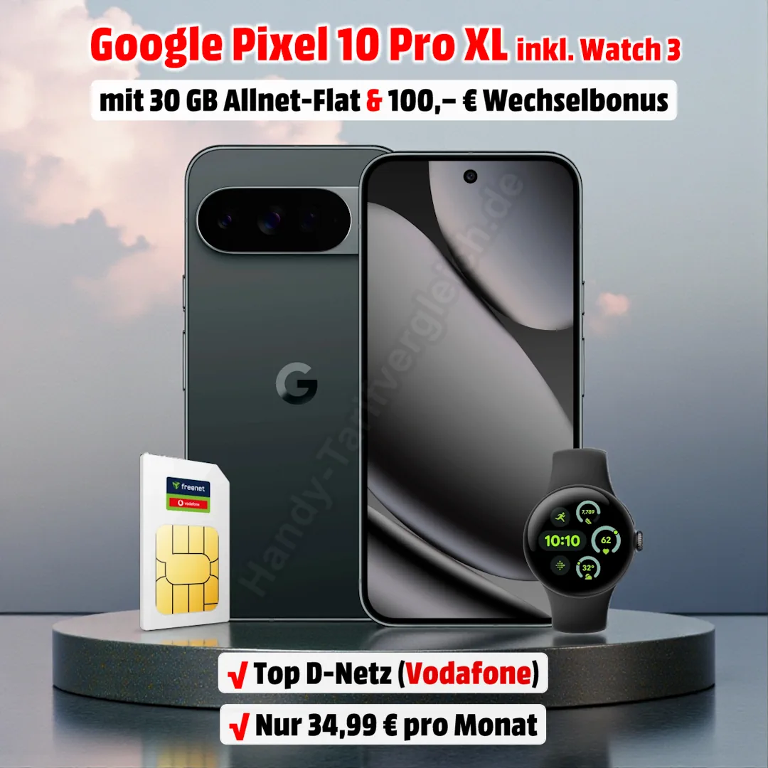 Google Pixel 10 Pro XL mit Vertrag und gratis Pixel Watch 3 inkl. 30 GB Allnet-Flat im Vodafone-Netz