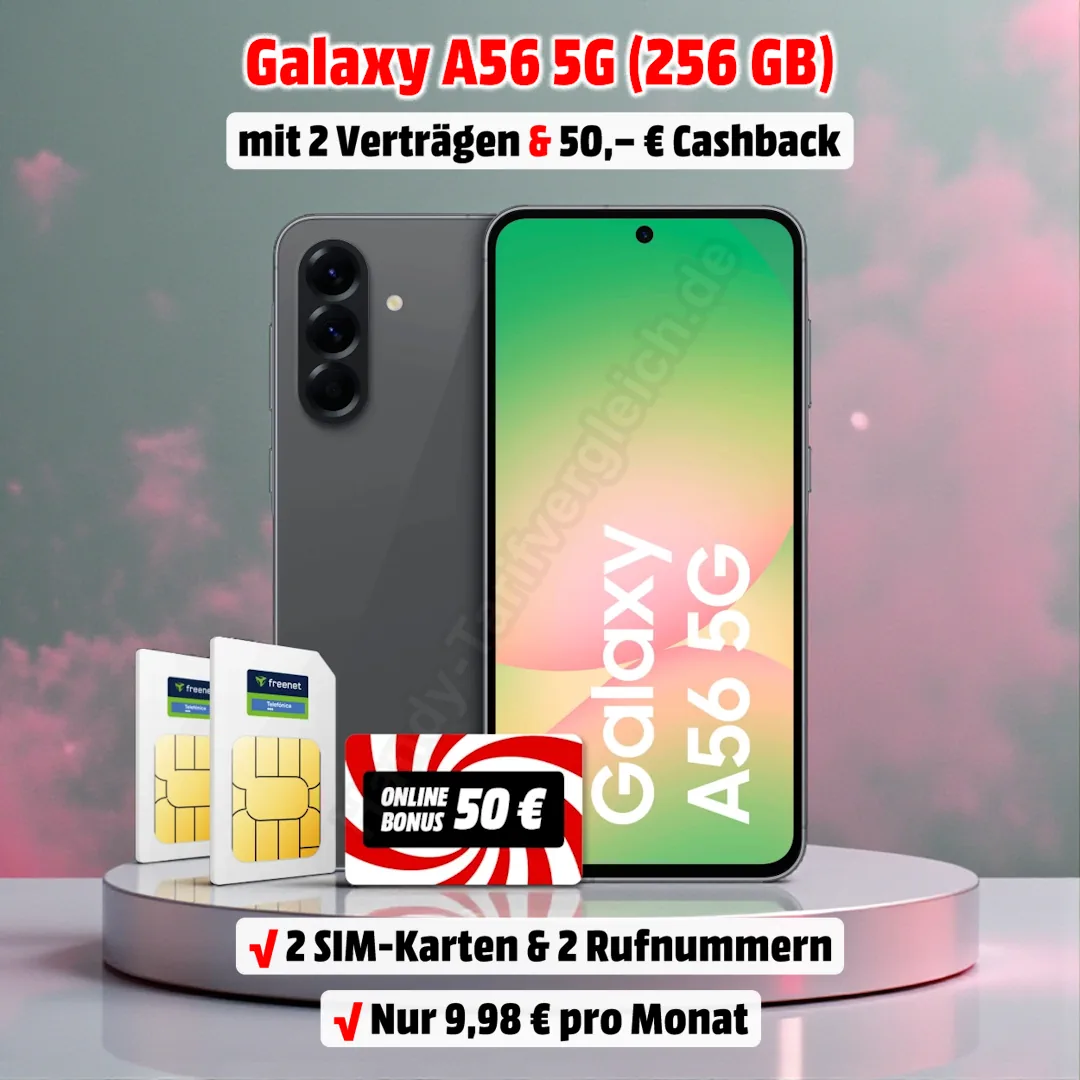 Samsung Galaxy A56 5G (256 GB) mit 2 Verträgen im Netz von o2 und 50 Euro Cashback zum Bestpreis
