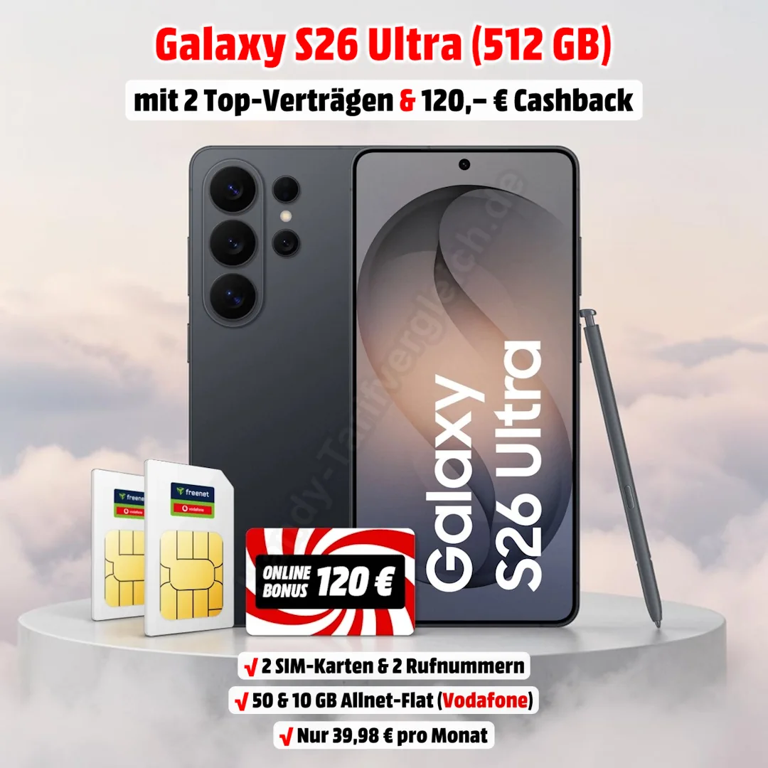 Samsung Galaxy S26 Ultra (512 GB) mit 120 Euro Cashback und 2 Verträgen im D-Netz von Vodafone
