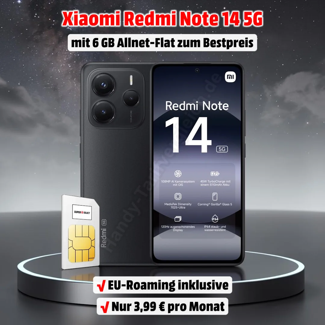 Xiaomi Redmi Note 14 5G (256 GB) mit Vertrag inkl. 6 GB Allnet-Flat zum absoluten Bestpreis