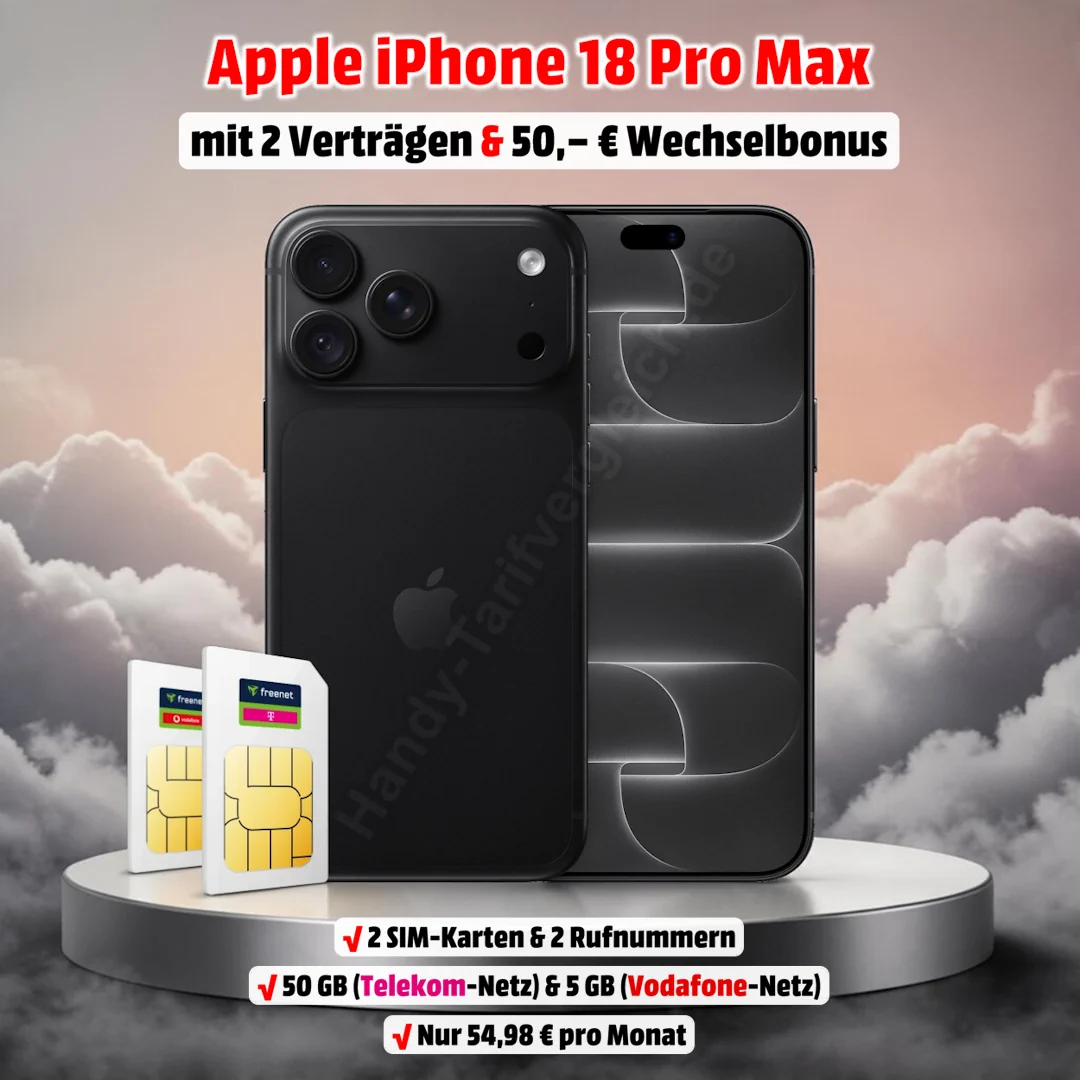 Apple iPhone 18 Pro Max mit 2 Verträgen, jeweils einer im Telekom- und Vodafone-Netz